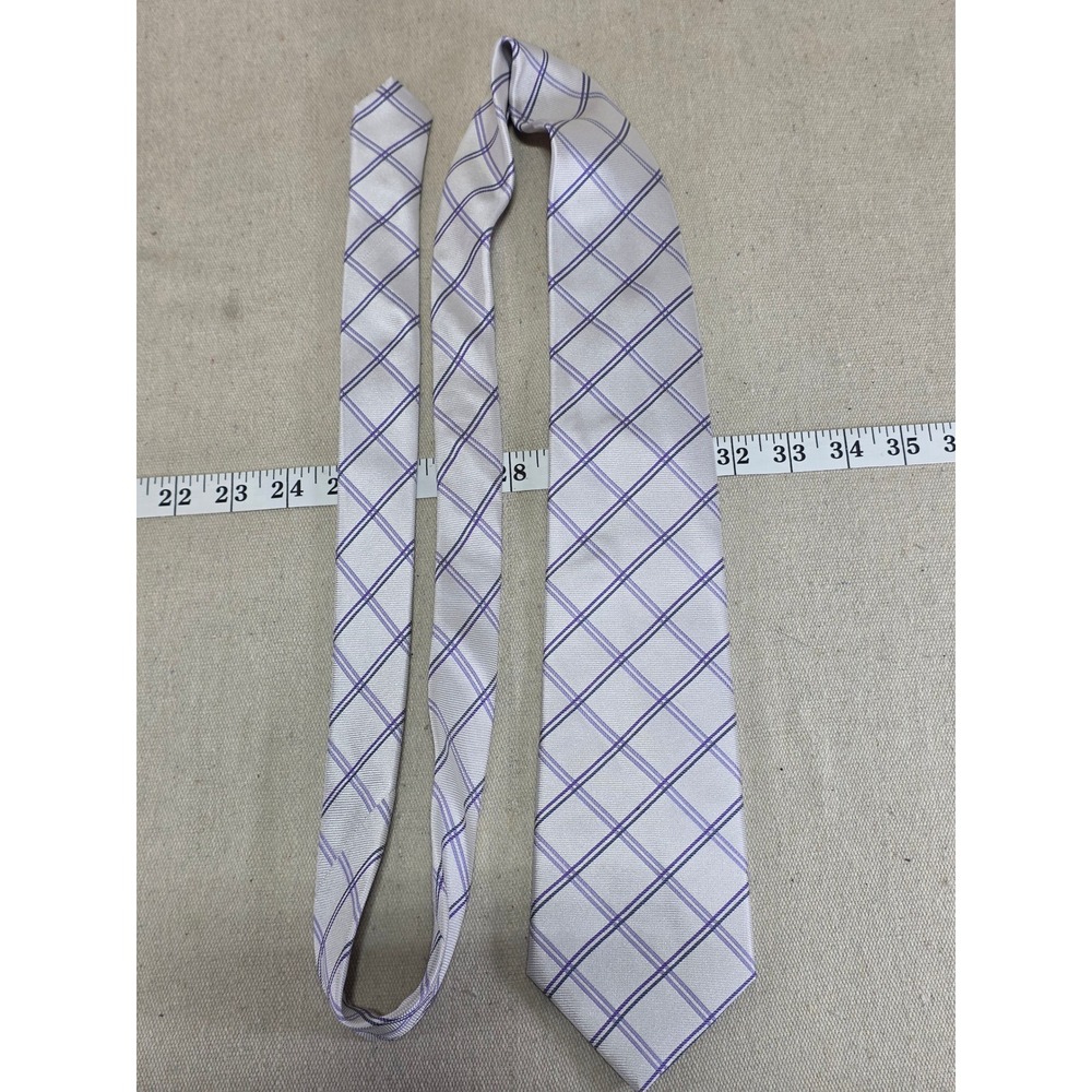Mexx Mens Silk Necktie Purple Lavender Silver Grey Grid Check Hand Made